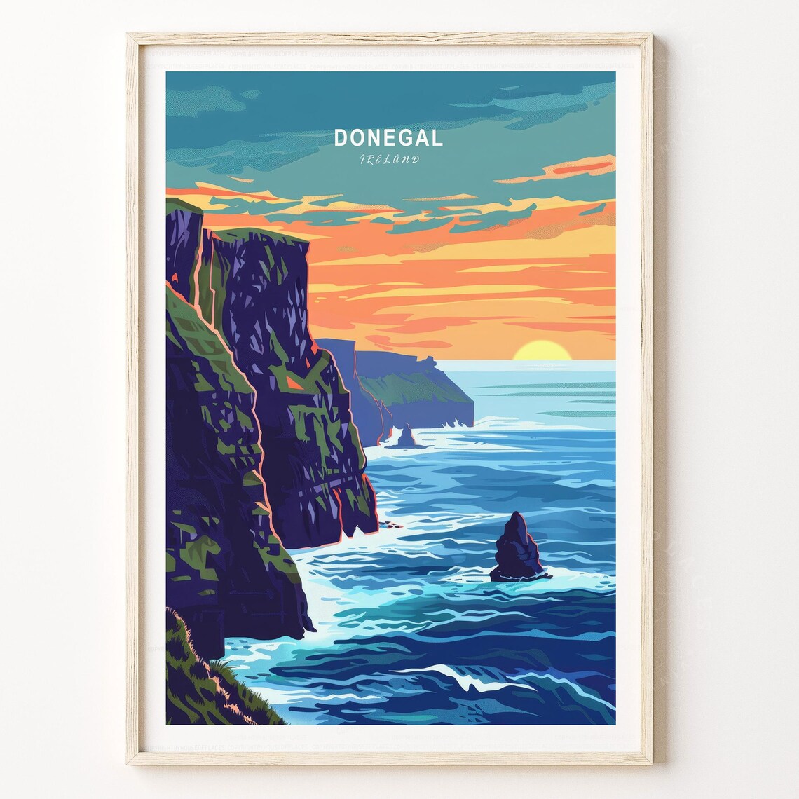 Donegal Ireland Sea Cliffs Sunset Orange Sky Coastal Travel Poster