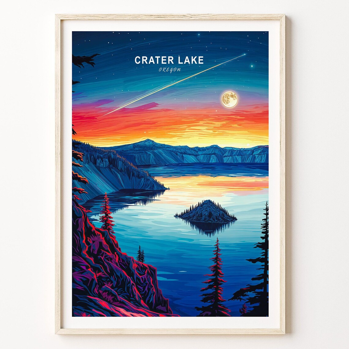 Crater Lake Oregon Starry Night Travel Poster Wizard Island and Moon