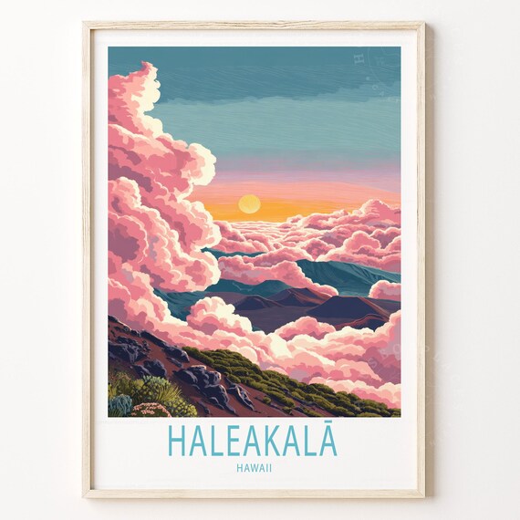 Haleakala Hawaii Travel Poster with Pink Clouds Sunset Over Volcano Crater