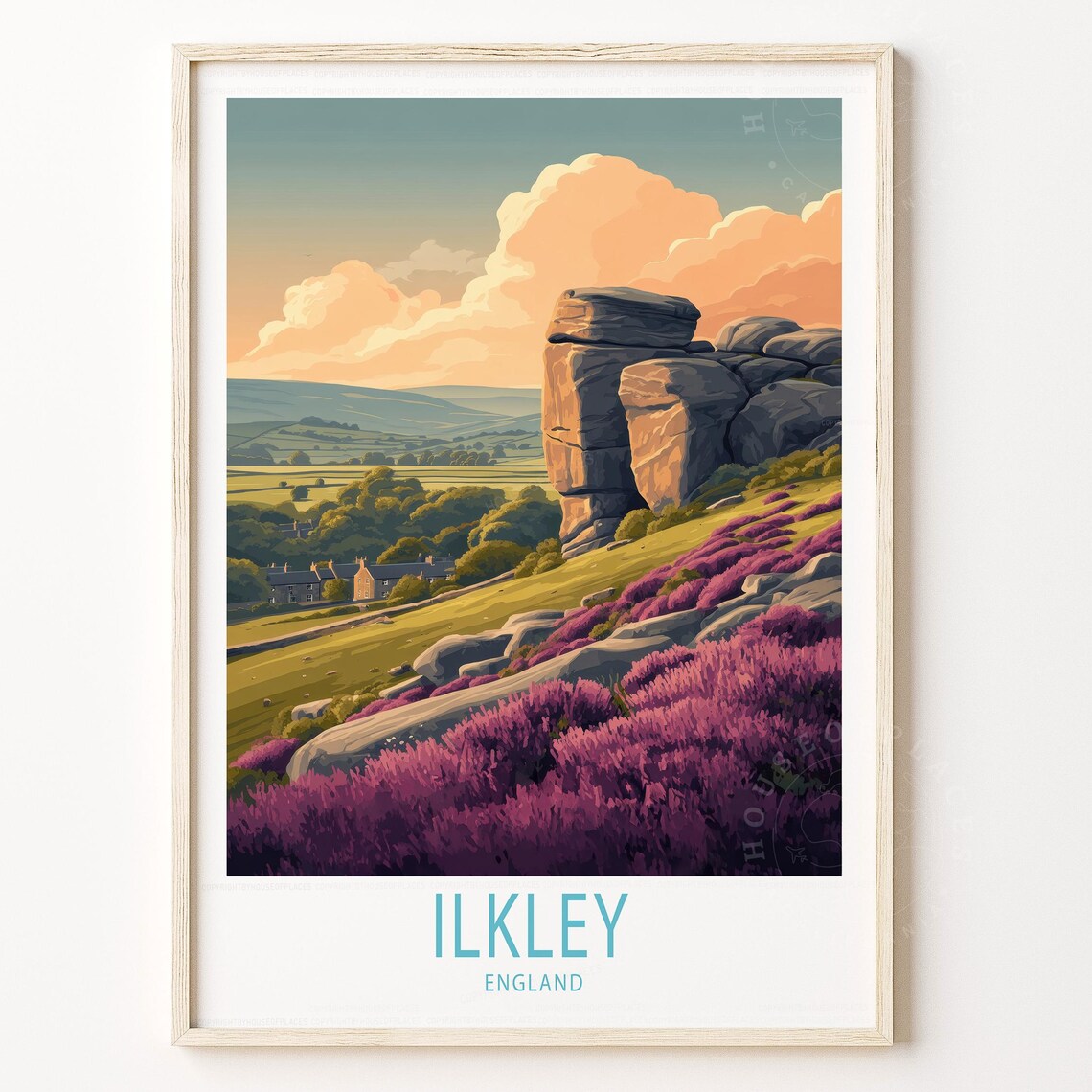 Ilkley England Moor Rocks Sunset Heather Vintage Travel Poster