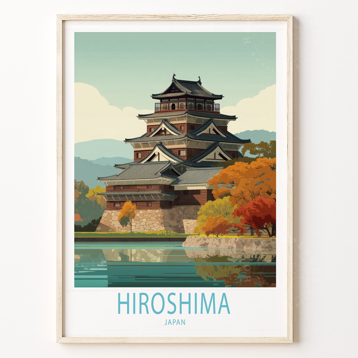 Hiroshima Japan Castle Travel Poster Autumn Moat Retro Scenic Art