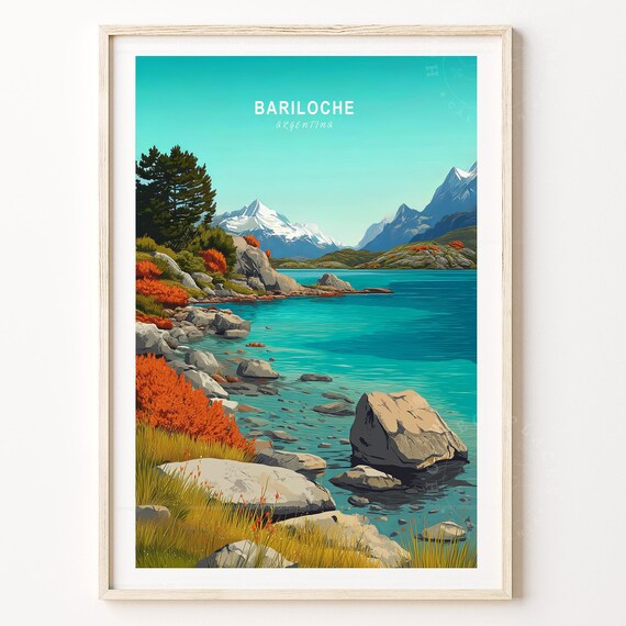 Bariloche Argentina Rocky Shore Turquoise Lake Travel Poster