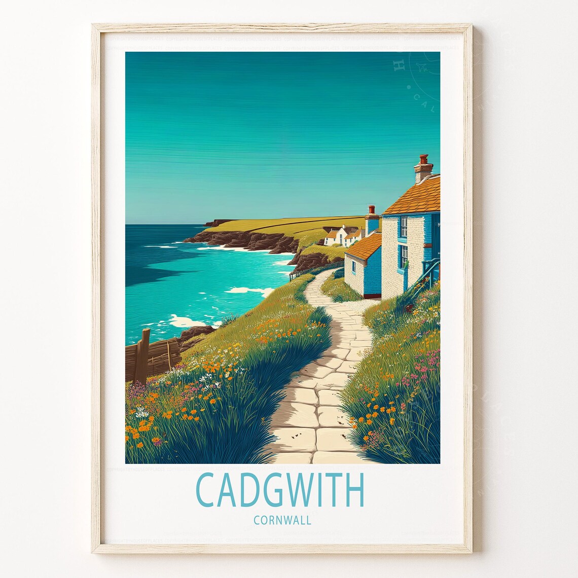 Cadgwith Cornwall Coastal Path Cottages Vintage Travel Poster Art