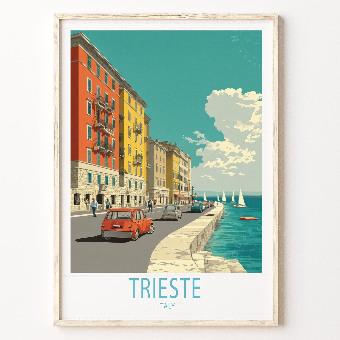 Trieste Italy Colorful Buildings Waterfront Sailboats Travel Poster