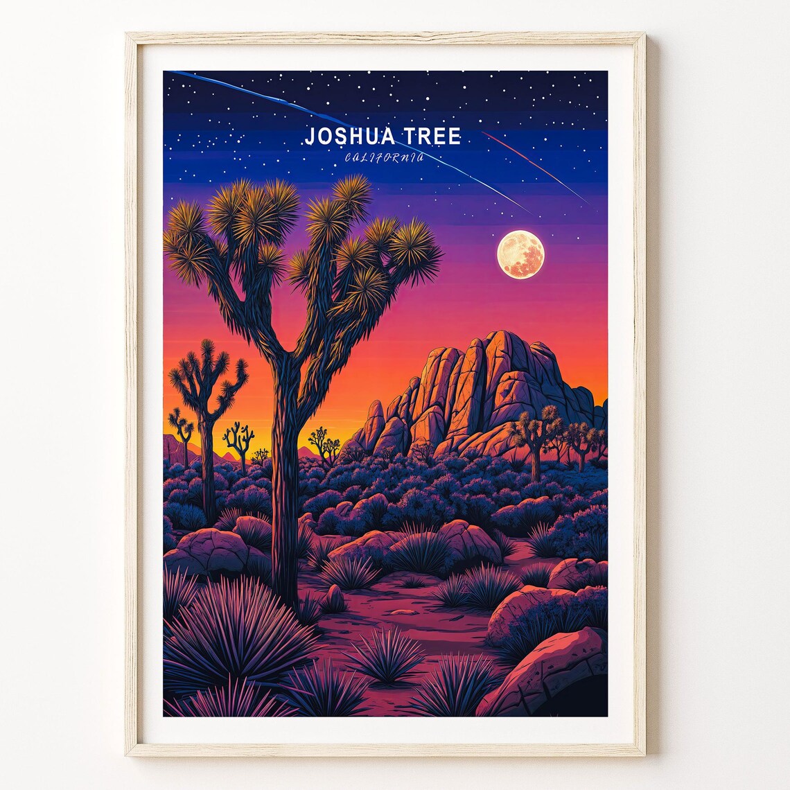 Joshua Tree California Starry Night Desert Travel Poster Full Moon