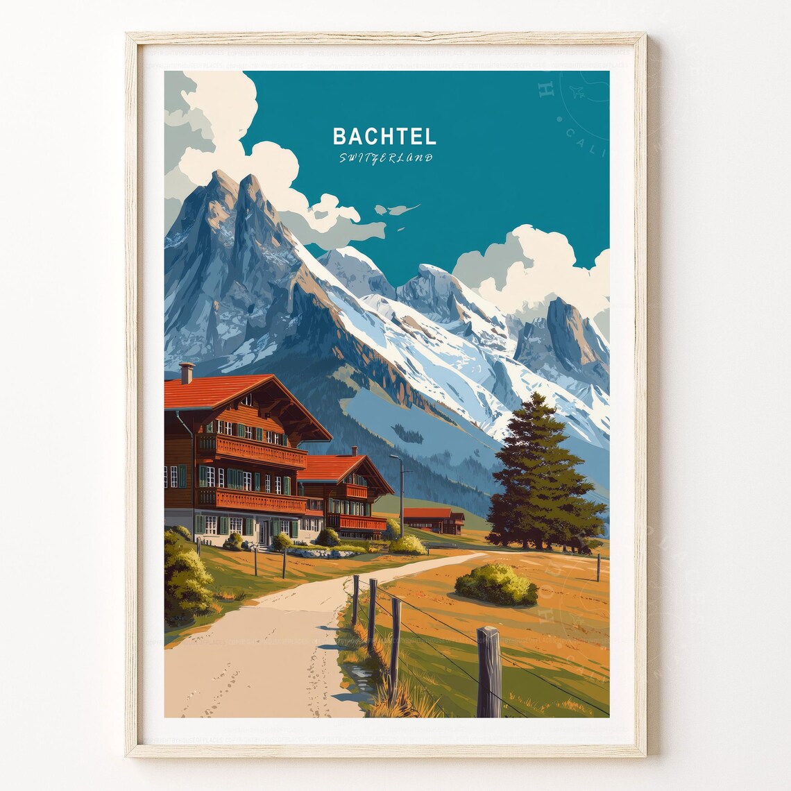 Bachtel Switzerland Alpine Mountain Chalets Retro Travel Poster