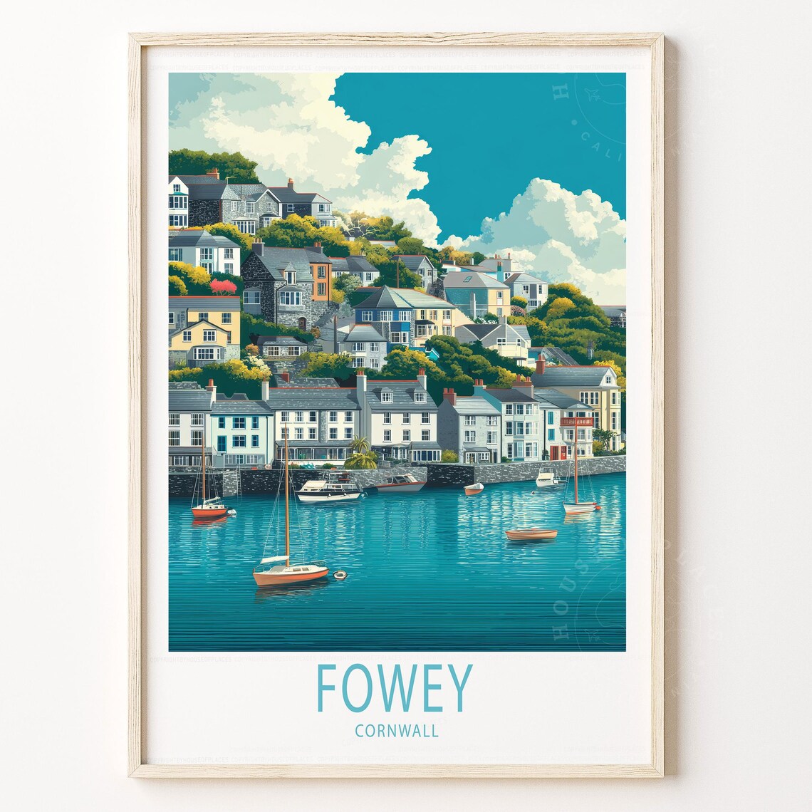 Fowey Cornwall Harbor Sailboats Hillside Town Retro Travel Poster