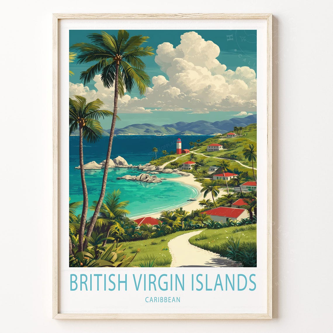British Virgin Islands Caribbean Beach Palm Lighthouse Travel Poster