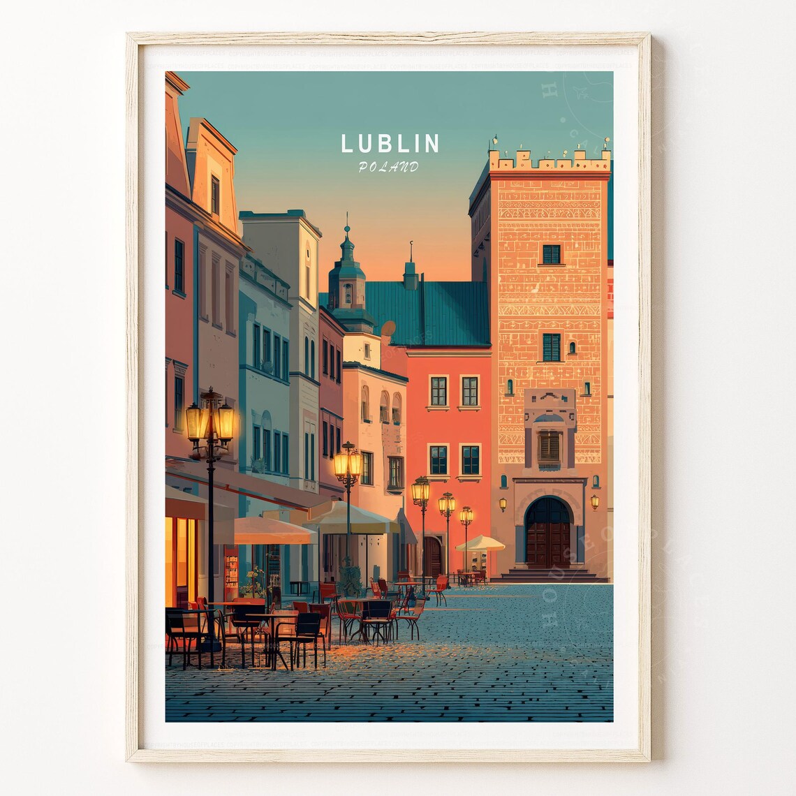 Lublin Poland Travel Poster Old Town Square Sunset Krakowska Gate