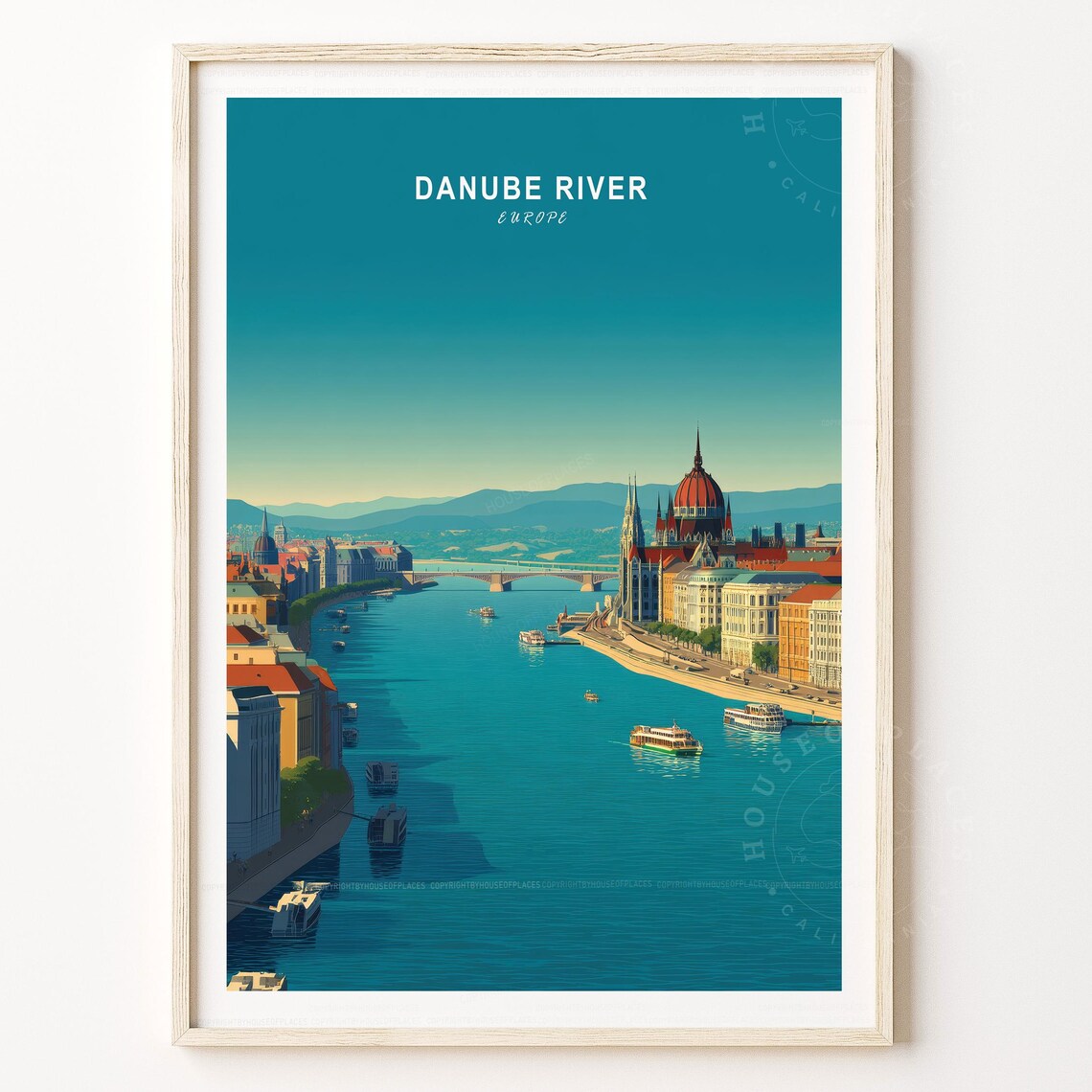 Danube River Europe Budapest Riverside Skyline Travel Poster
