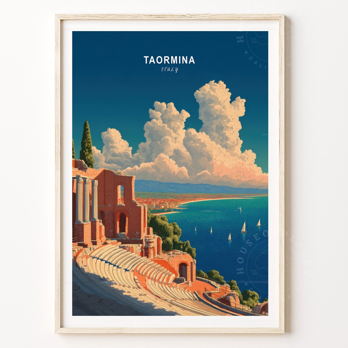 Taormina Italy Ancient Amphitheater Ocean View Scenic Travel Poster