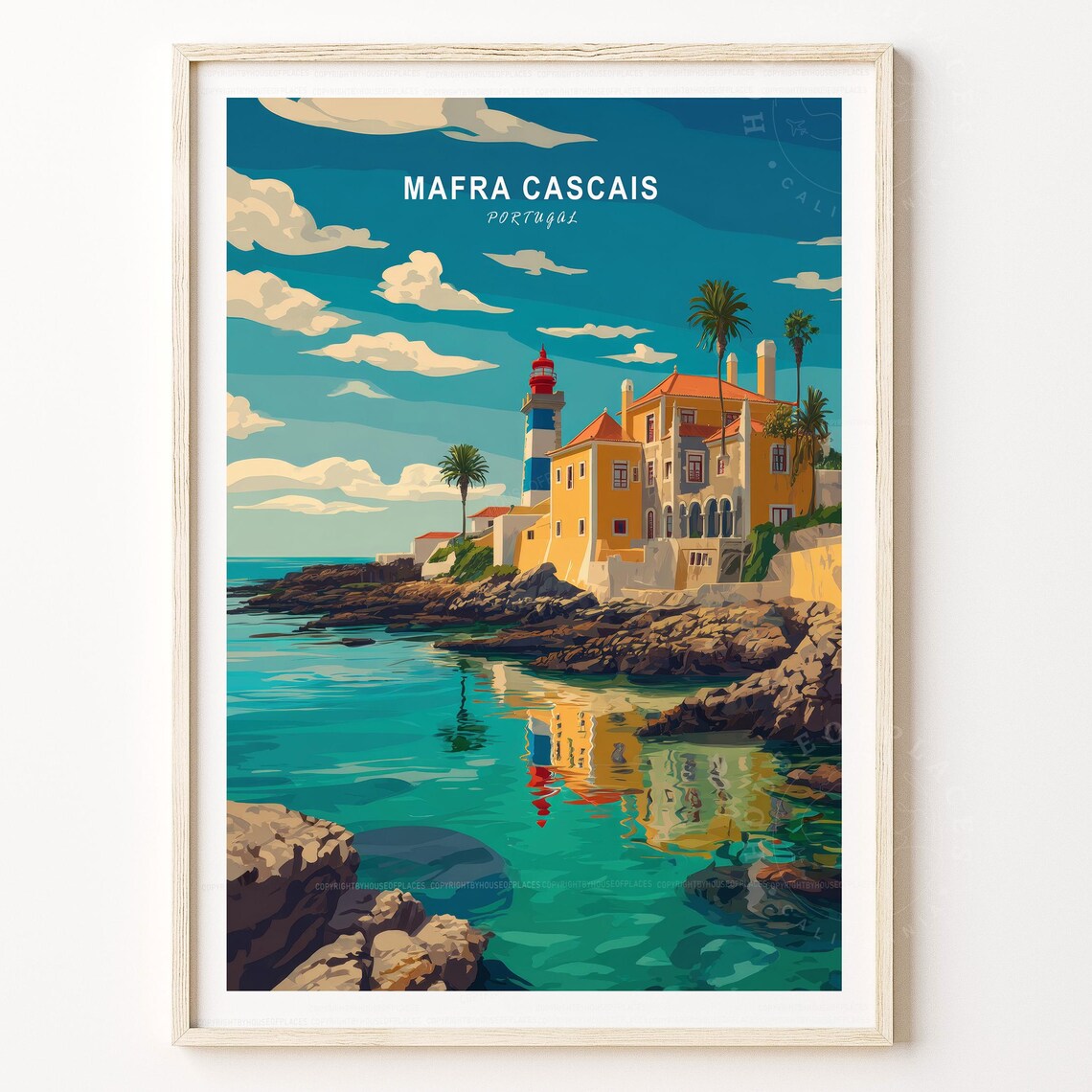 Mafra Cascais Portugal Lighthouse Travel Poster Turquoise Coast Art