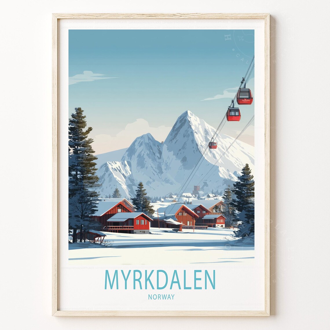 Myrkdalen Norway Travel Poster Winter Gondola Ski Village Decor
