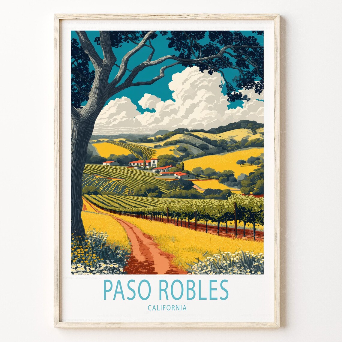 Paso Robles California Vineyard Travel Poster Rolling Hills Oak Tree