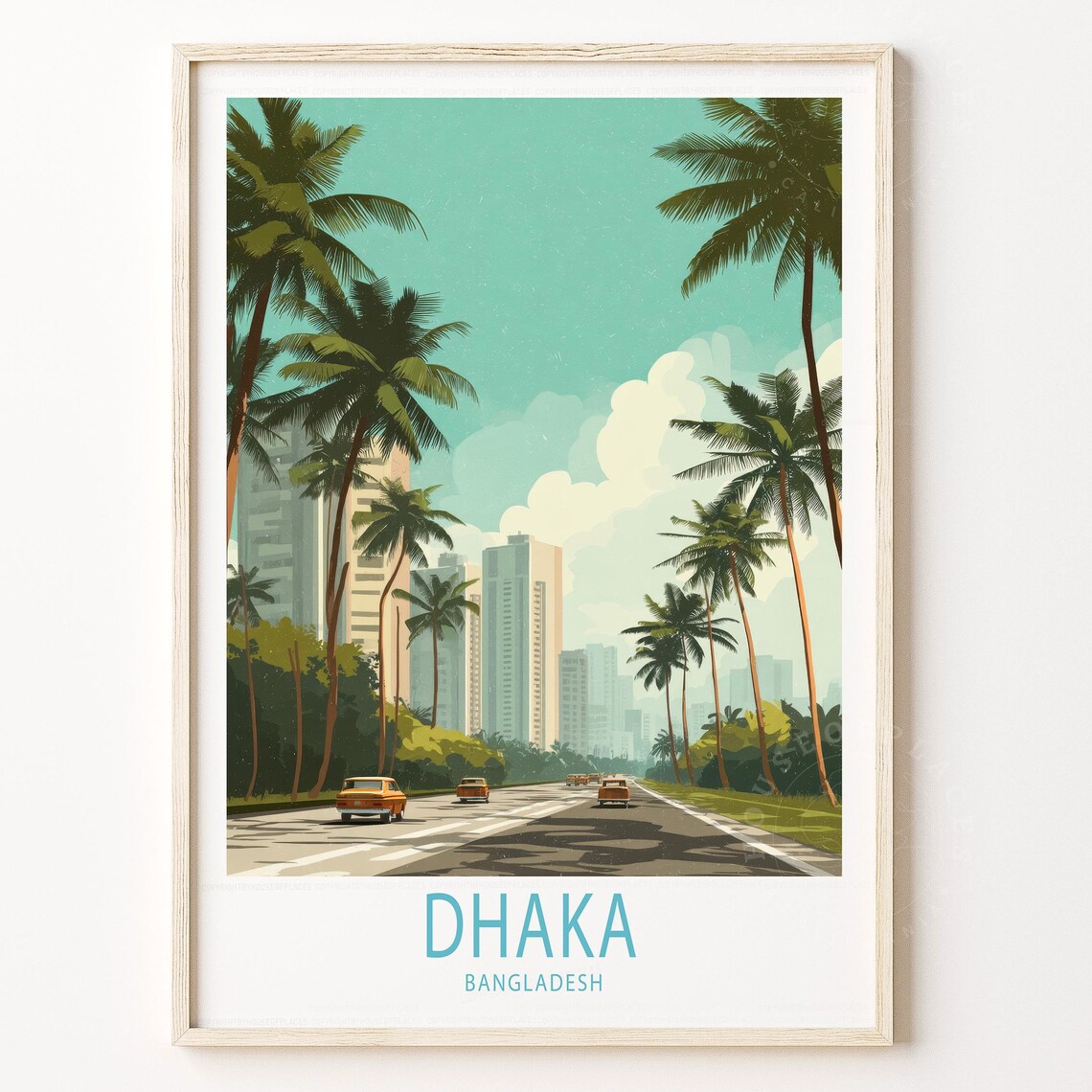Dhaka Bangladesh Palm Lined Boulevard Vintage Travel Art Poster