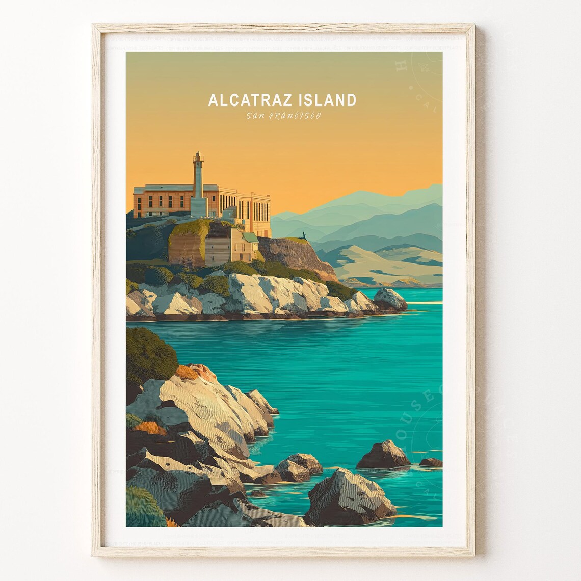 Alcatraz Island San Francisco Bay Vintage Travel Illustration Poster