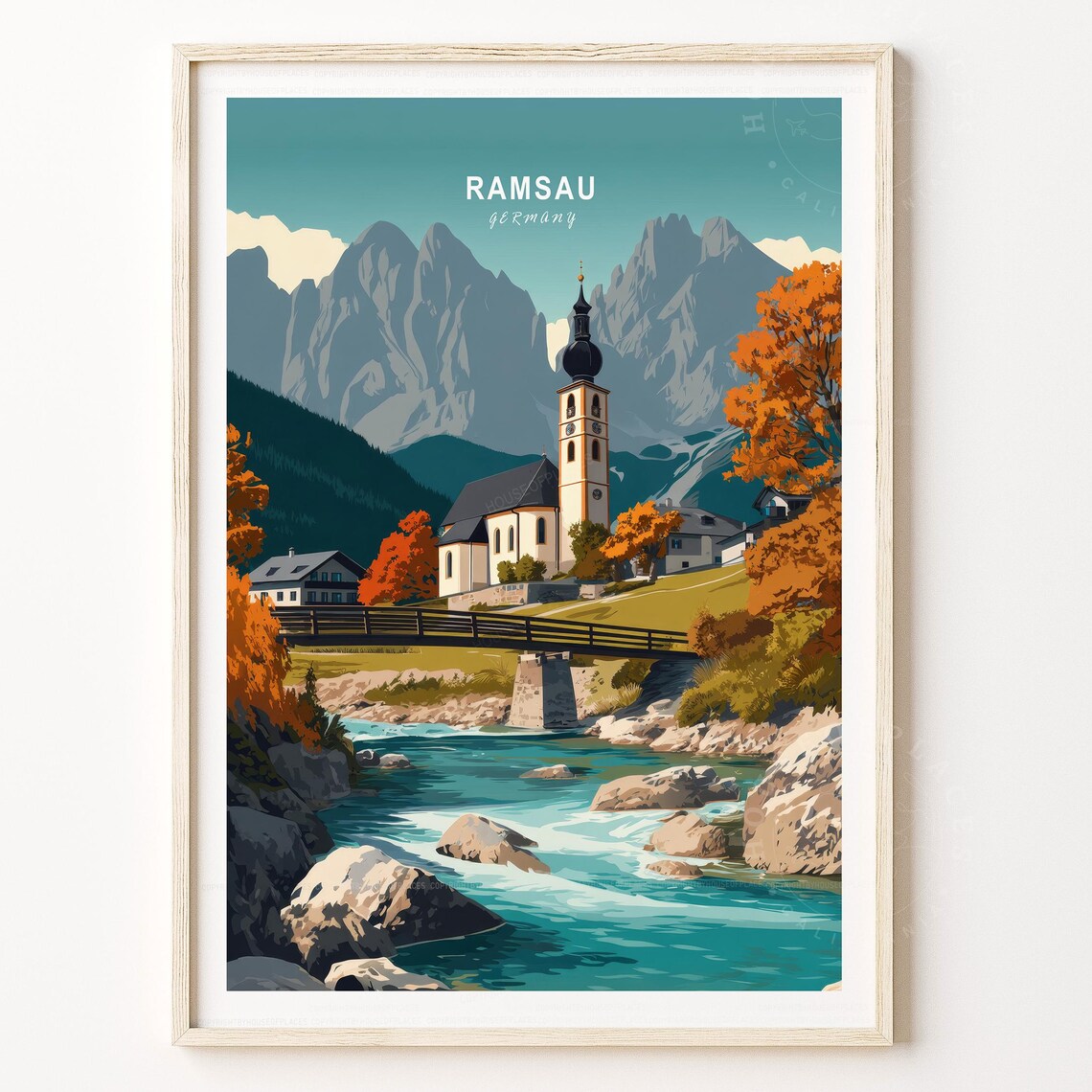 Ramsau Germany Autumn Alpine Church River Village Landscape Poster