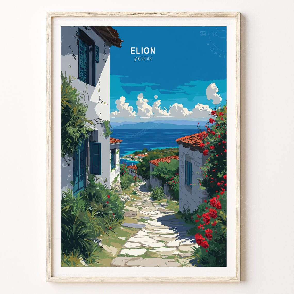 Elion Greece Coastal Village Aegean Sea Vintage Travel Poster