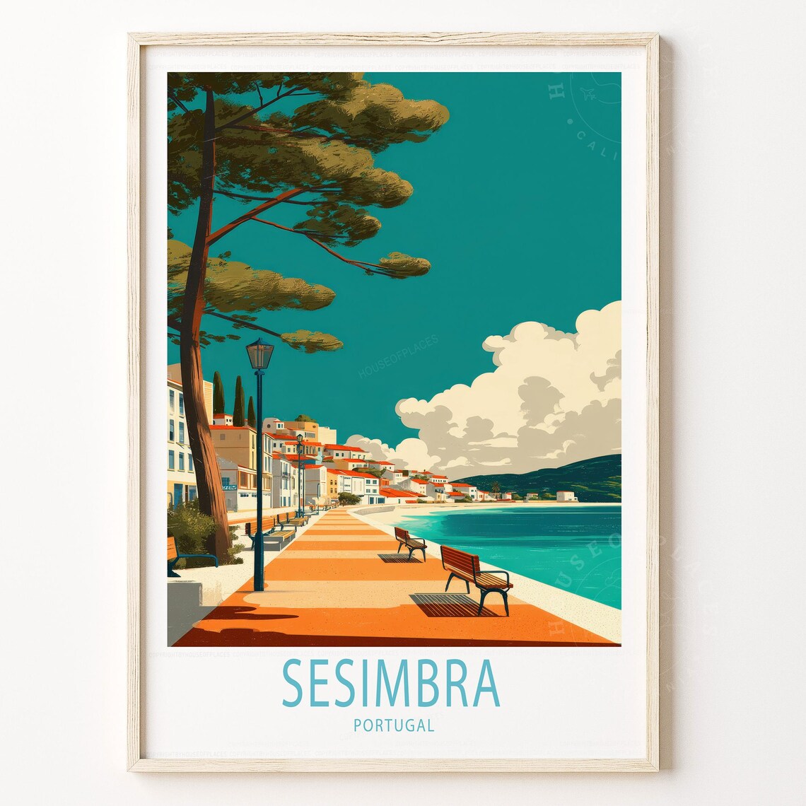 Sesimbra Portugal Poster Coastal Promenade Benches Pine Beach Town Art