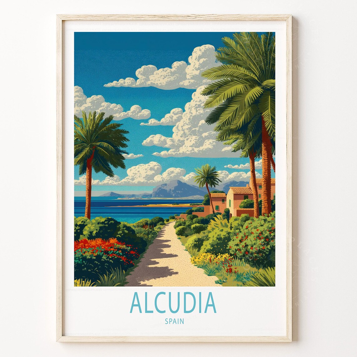 Alcudia Spain Beach Palm Path Mediterranean Vintage Travel Poster