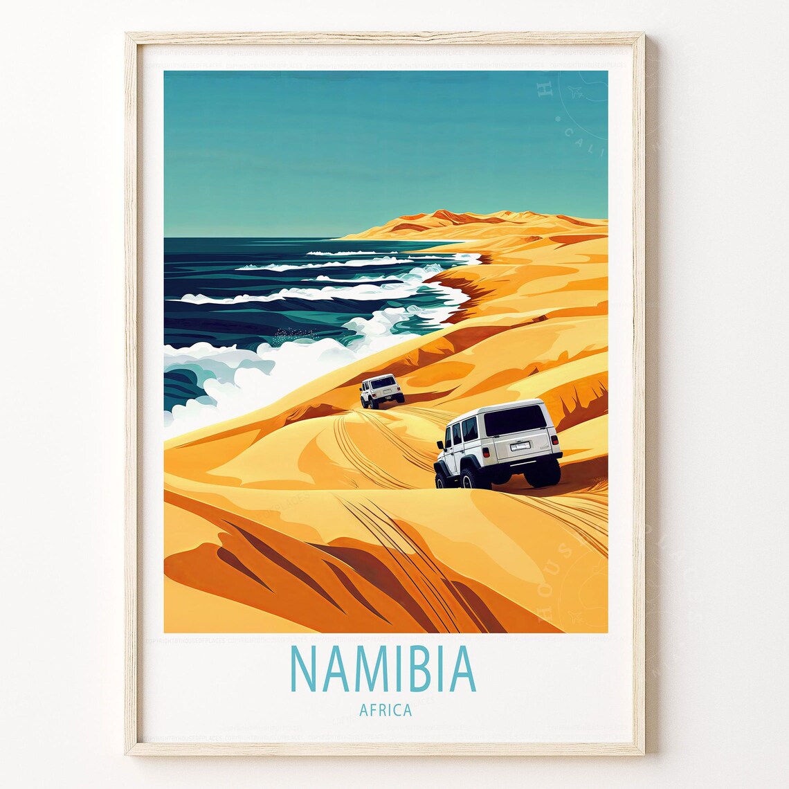Namibia Africa Travel Poster Desert Dunes Meeting Ocean Off Road Scene