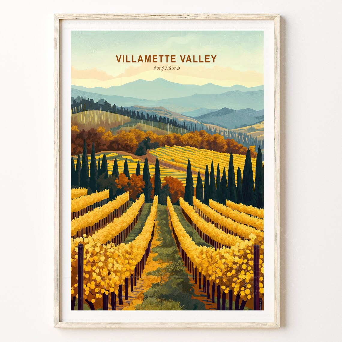 Villamette Valley England Vineyard Autumn Landscape Travel Poster