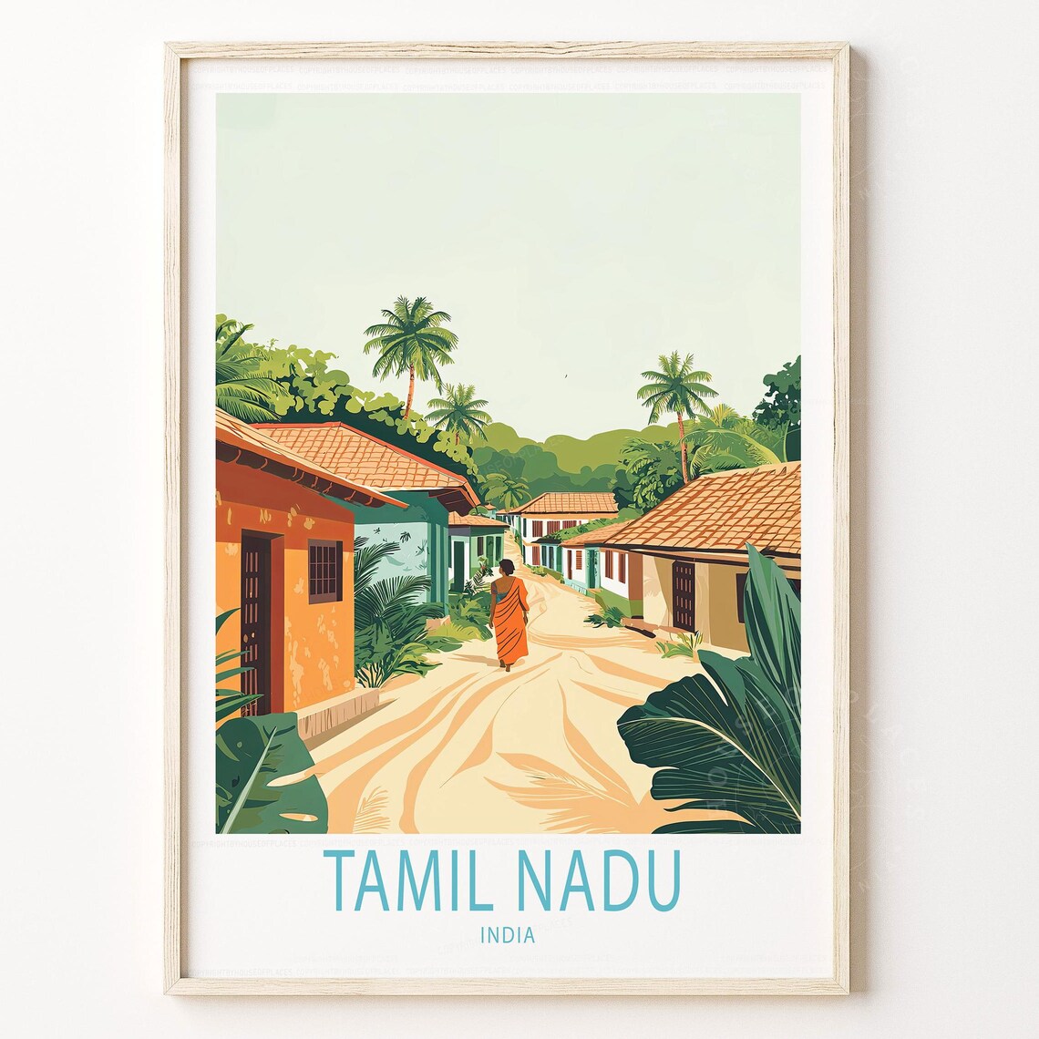Tamil Nadu India Travel Poster Village Street Palm Trees Vintage Art