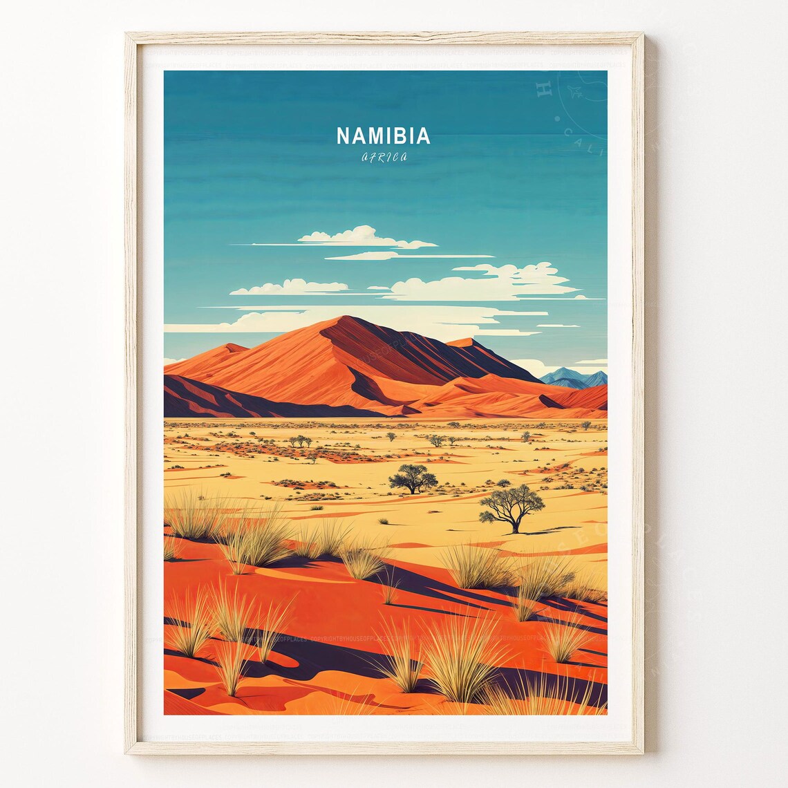 Namibia Africa Red Dunes Dry Grass Desert Safari Travel Poster