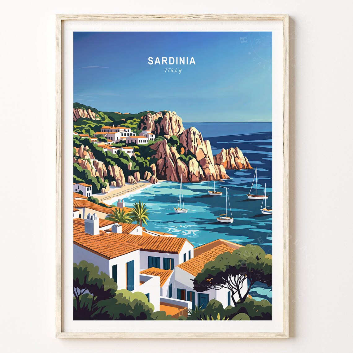 Sardinia Italy Whitewashed Coastal Village Sailboats Travel Poster