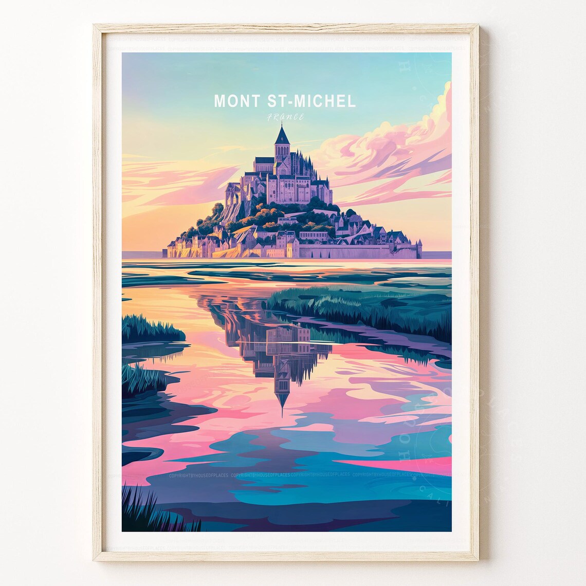 Mont Saint Michel France Sunset Tidal Abbey Reflection Travel Poster