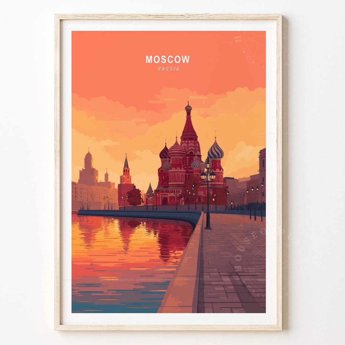 Moscow Russia Travel Poster St Basils Cathedral Sunset Decor