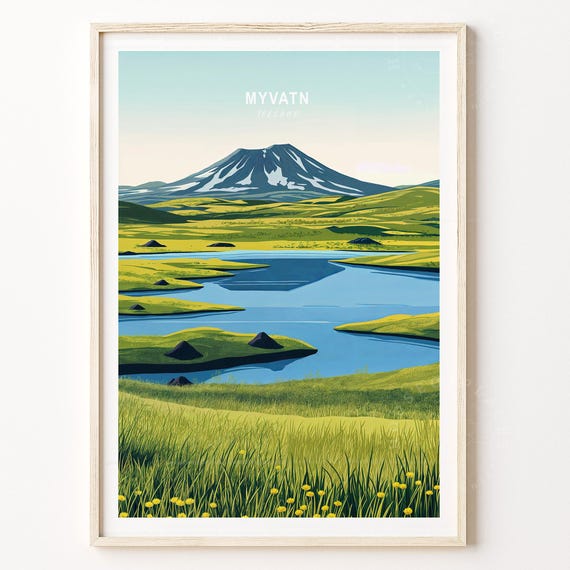 Myvatn Iceland Travel Poster Print Mywatn Wall Art Custom Minimalist Cityscape