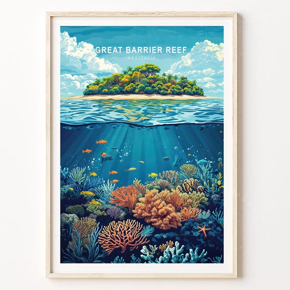 Great Barrier Reef Wall Art Print Australia Travel Poster Minimalist Home Decor