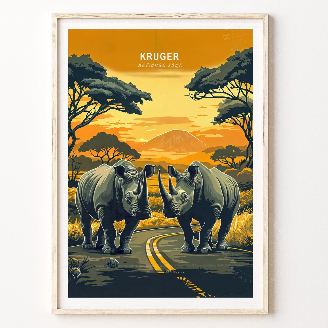 Kruger National Park Rhino Pair Crossing Road Golden Sunrise Savanna Poster