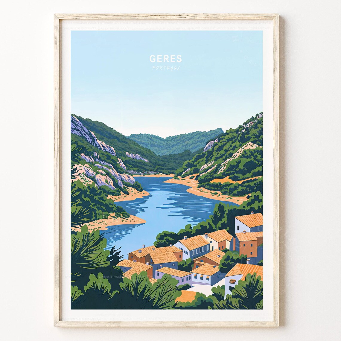 Geres Portugal Lakeside Village Mountains Vintage Travel Poster