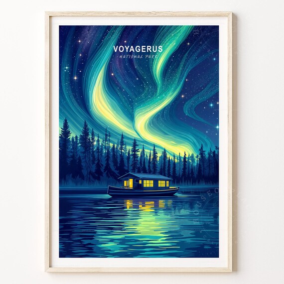 Voyageurs Northern Lights Aurora Houseboat Lake Vintage Travel Poster