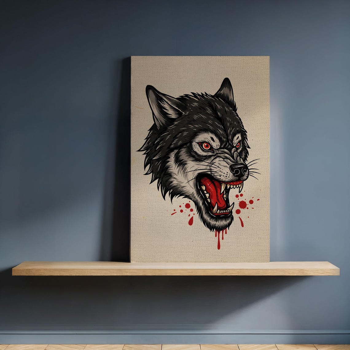 Ferocious Wolf Canvas Wall Art Gothic Animal Illustration With Blood Splatter Framed Predator Artwork For Rustic And Edgy Home Decor