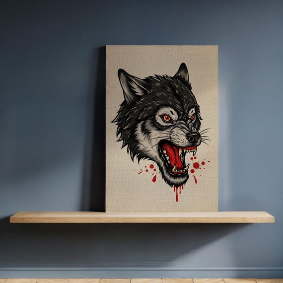 Ferocious Wolf Canvas Wall Art Gothic Animal Illustration With Blood Splatter Framed Predator Artwork For Rustic And Edgy Home Decor