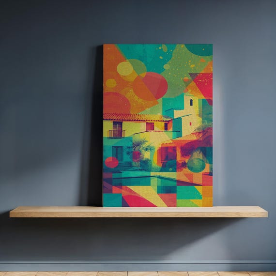 Framed Mediterranean Villa Canvas Wall Art Colorful Geometric Overlays Modern Abstract Coastal Architecture Print For Vibrant Home Decor