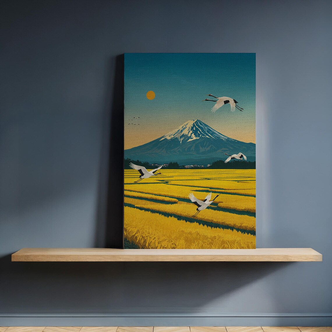 Mount Fuji Cranes Golden Rice Fields Sunset Japanese Landscape Poster