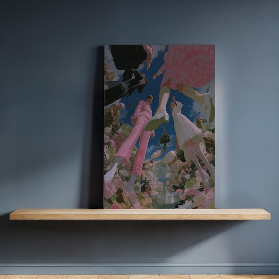 Dreamlike Floral Fashion Figures Whimsical Pink Garden Wall Art