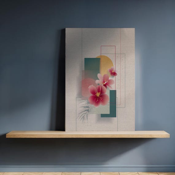 Framed Geometric Floral Canvas Wall Art Pink Blossom With Minimal Abstract Shapes Modern Botanical Print For Soft Contemporary Interiors