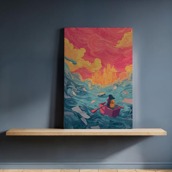 Girl Rowing In Paper Sea Canvas Art Surreal Fantasy Illustration With Golden City And Pink Sky Framed Dreamscape Print For Bold Interiors