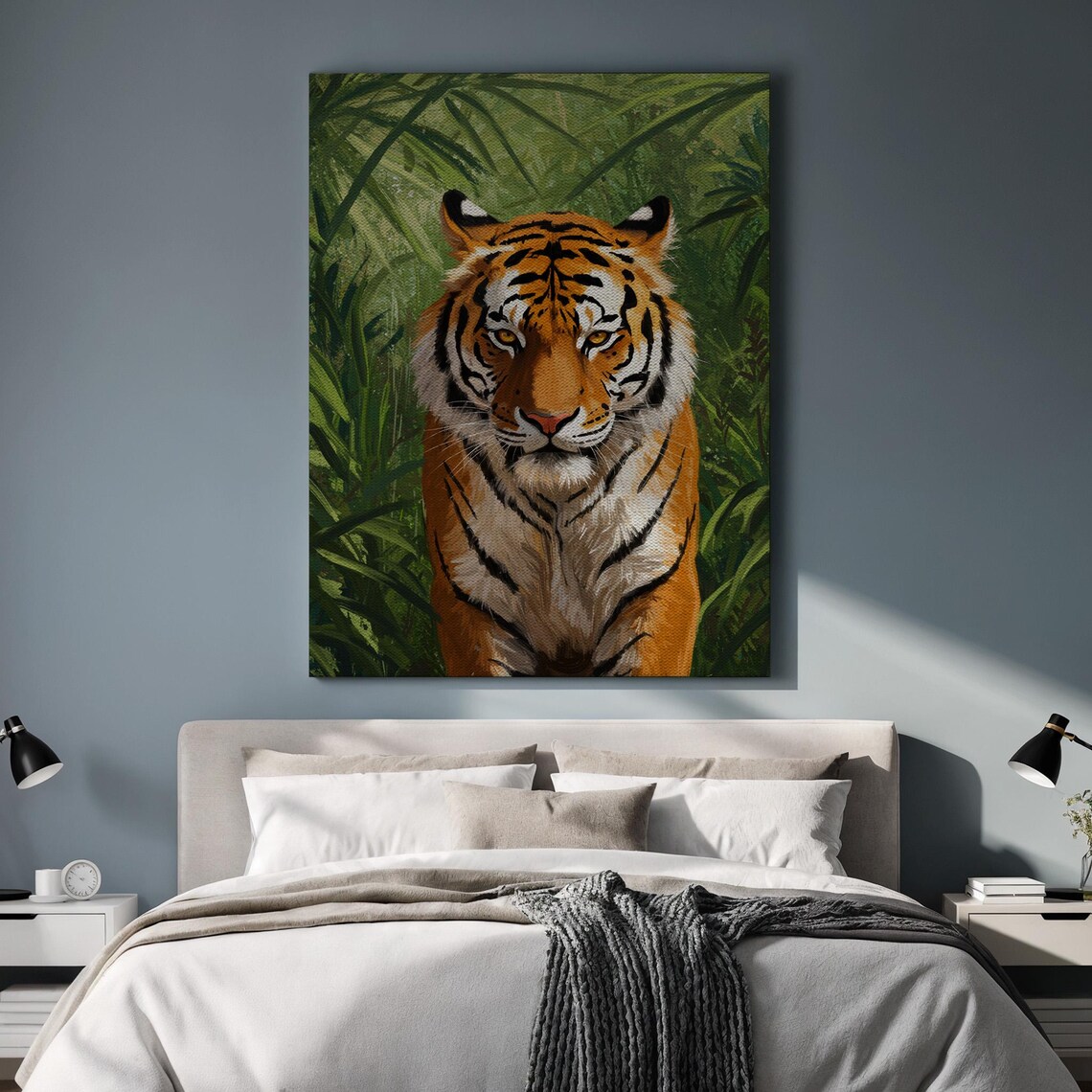 Tiger Among Green Jungle Leaves Realistic Wildlife Portrait Poster