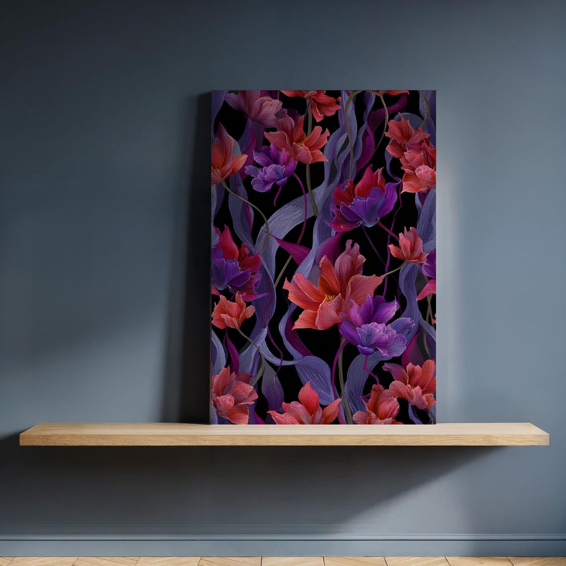 Bold Red and Purple Floral Canvas Dramatic Black Background Poster