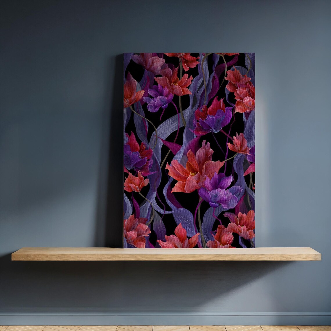 Framed Bold Floral Canvas Wall Art Red Purple Flower Print On Black Dramatic Botanical Artwork For Kitchen Decor Or Statement Interiors