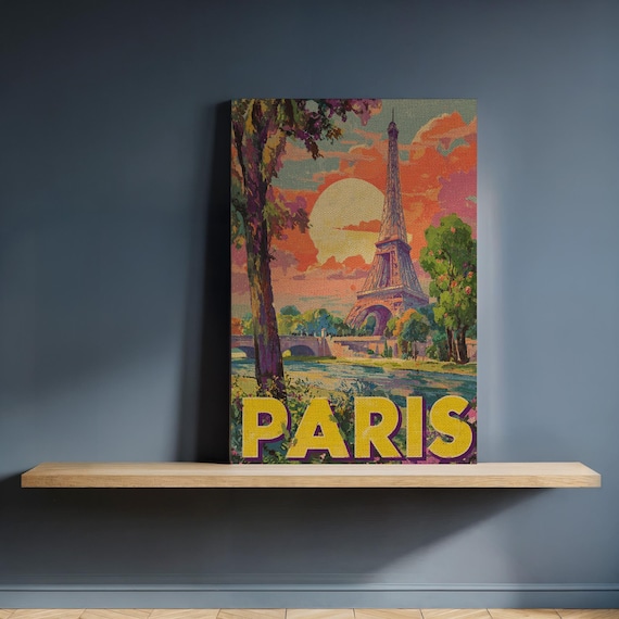 Paris Eiffel Tower Sunset Canvas Wall Art Vintage Travel Poster Style Framed Colorful France Cityscape For Living Room Or Office Decor