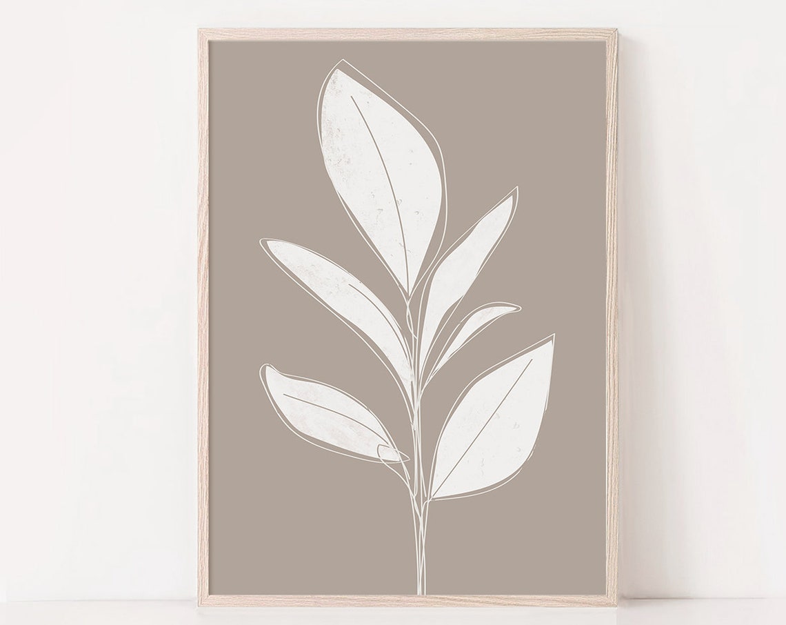 White Botanical Branch Taupe Background Minimal Leaf Wall Print