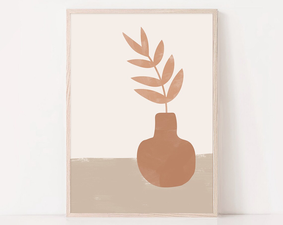 Terracotta Vase With Leaf Branch Beige Minimalist Bedroom Poster