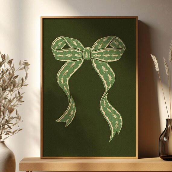 Vintage Green Christmas Bow Ribbon Holiday Illustration Poster